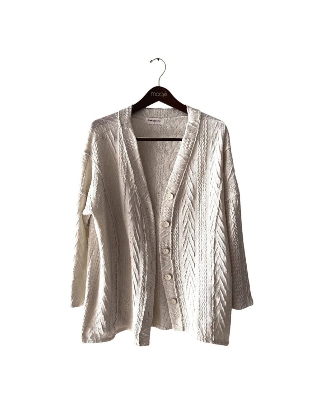 Impressions Womens White Cable Knit Button-Front Cardigan Sweater L